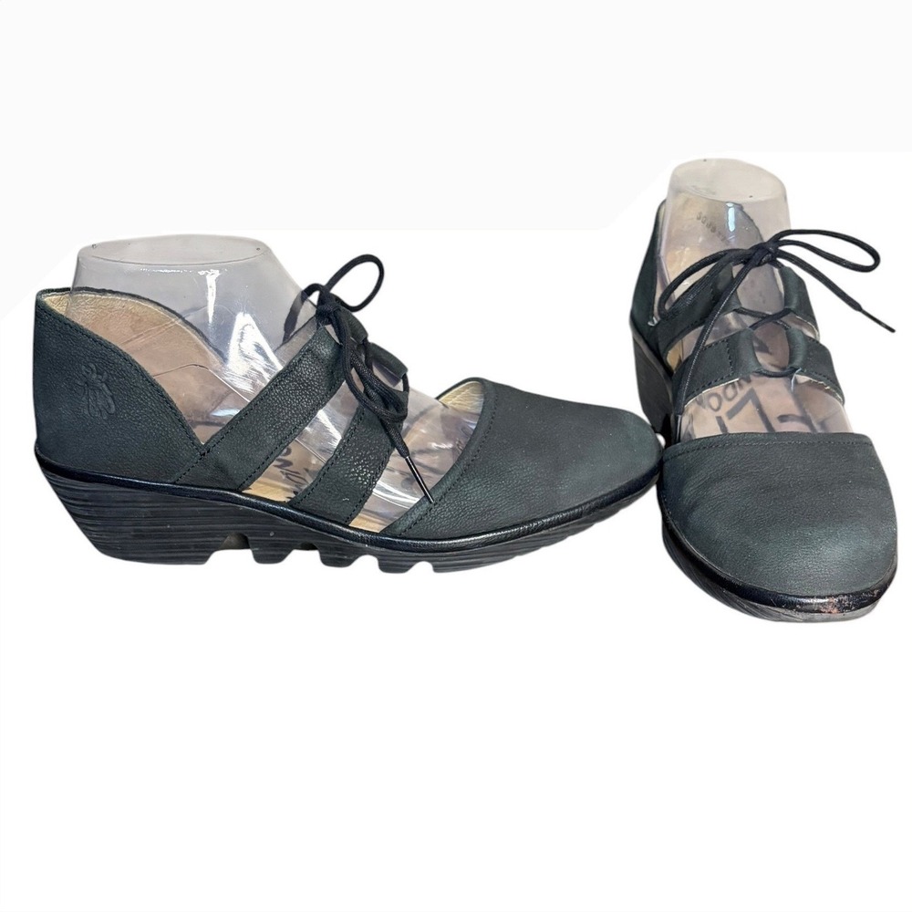 Fly London Black Leather Lace Up Wedge Cutout Women US 8.5-9